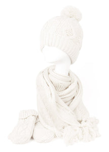 KNIT BEANIE WITH POM POM + SCARF + MITTENS Set