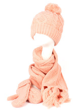Load image into Gallery viewer, KNIT BEANIE WITH POM POM + SCARF + MITTENS Set